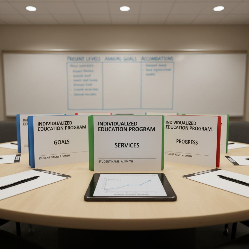 A close, slightly elevated photographic view of a detailed IEP meeting setup without any people present: a circular light-wood conference table with printed IEP documents in crisp, white folders, each labeled with clear, bold fonts and different colored spine labels for goals, services, and progress. Pens are aligned neatly beside notepads, and a tablet rests on a slim, black case displaying a progress monitoring graph. In the background, a large whiteboard shows a clean, structured template for present levels, goals, and accommodations, written in tidy, legible handwriting. Soft, warm ceiling lighting creates an even, professional glow, with subtle reflections on the table’s varnished surface. The atmosphere is organized, collaborative, and calm, captured in photographic realism with balanced composition and sharp focus throughout.