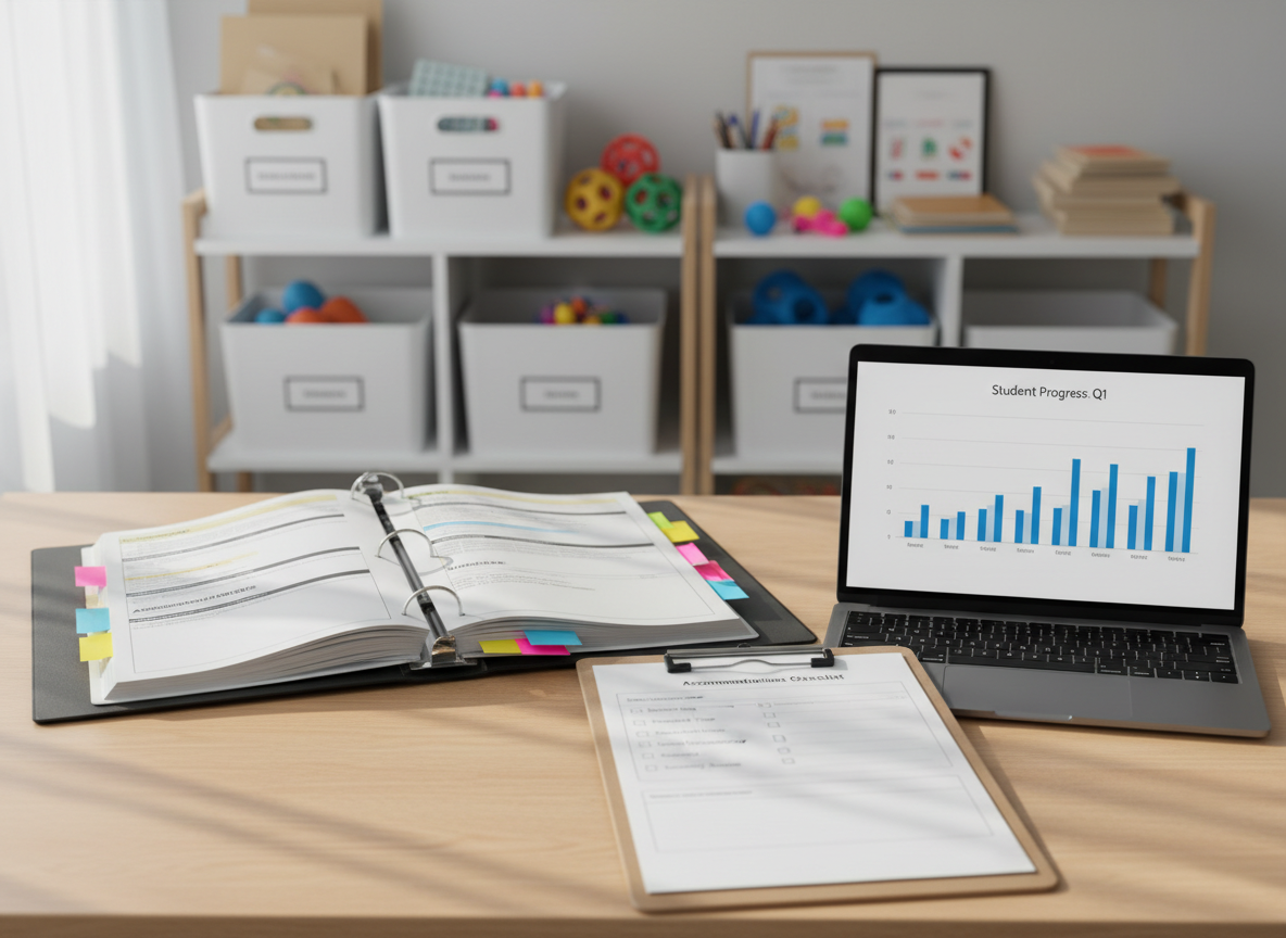 A neatly arranged special education planning workspace seen from an eye-level perspective, featuring an open individualized education program (IEP) binder with thick, tabbed dividers and color-coded sticky notes peeking from the pages. A high-quality metal clipboard holds a detailed accommodations checklist beside a smooth, matte-finish laptop displaying a clean data chart. Soft morning daylight comes through an unseen window, casting gentle, natural shadows across the light wood desk. In the softly blurred background, organized shelves hold labeled bins and adaptive learning materials. The mood is professional, calm, and reassuring, with photographic realism and a clean, modern aesthetic that emphasizes clarity, organization, and thoughtful planning for diverse learners.