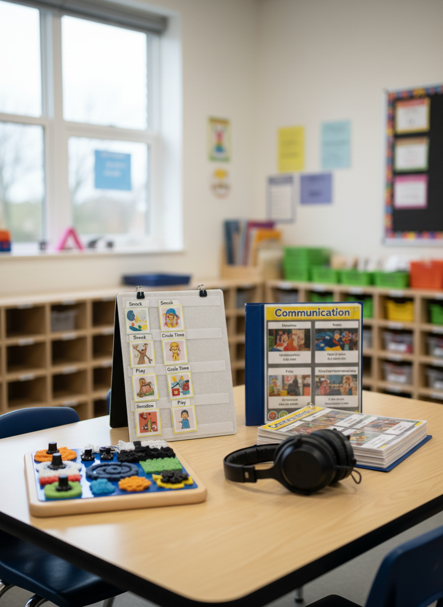 A low, rectangular classroom table adapted for special education, its pale maple surface covered with carefully arranged tools: a textured sensory fidget board, a visual schedule with laminated picture icons on Velcro strips, and a sturdy communication binder with thick, glossy pages. Beside them sits a large, noise-canceling headphone set resting on soft, navy ear cushions. The environment is a bright, inclusive classroom with neatly labeled storage cubbies and colorful yet orderly wall visuals, softly blurred. Diffused overcast light from tall windows creates an even, gentle brightness, minimizing glare. Photographic realism with an eye-level composition and shallow depth of field creates a focused, professional, supportive atmosphere centered on practical classroom tools for diverse needs.